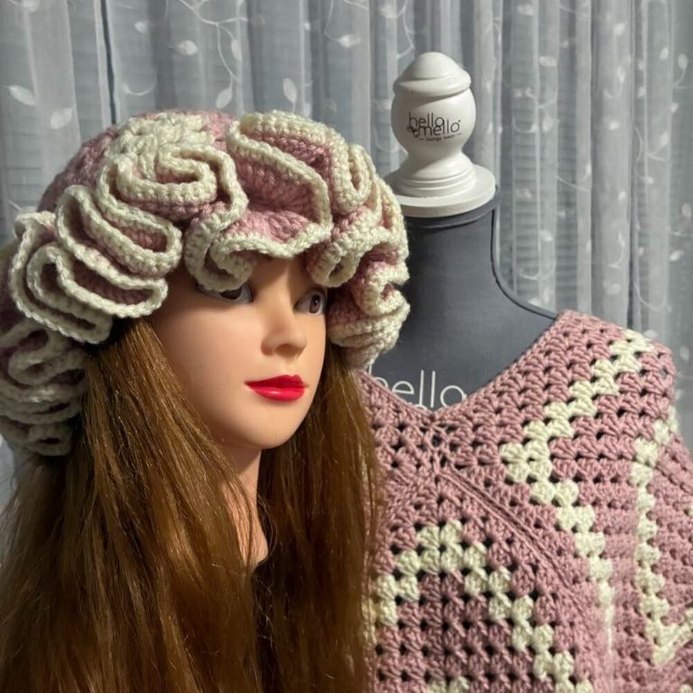 Handmade set crochet poncho and ruffle hat NEW